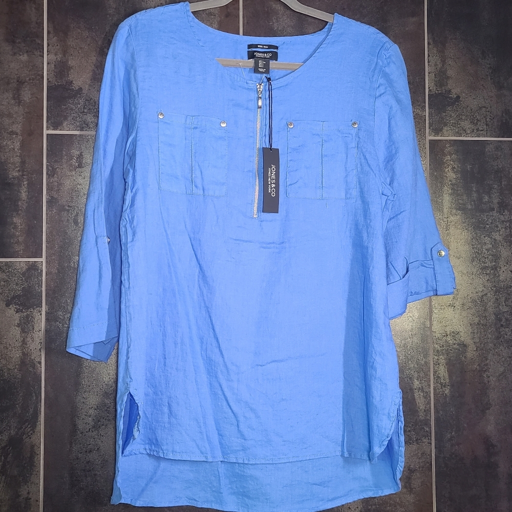 Jones New York Blue Linen Tunic Blouse Large